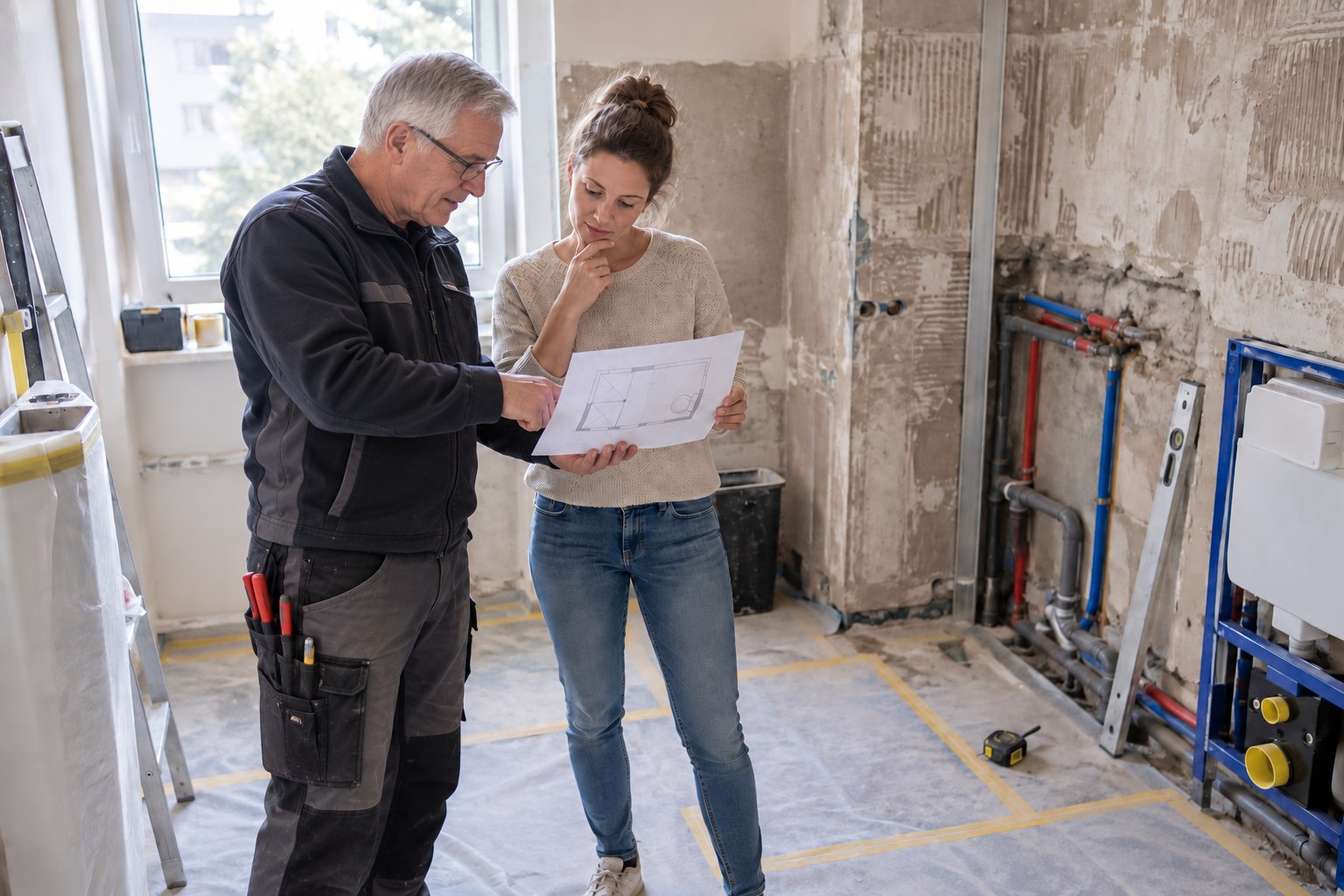 Älterer Handwerker und Kundin besprechen den Grundriss vor einem WC-Vorwandelement im Badumbau.