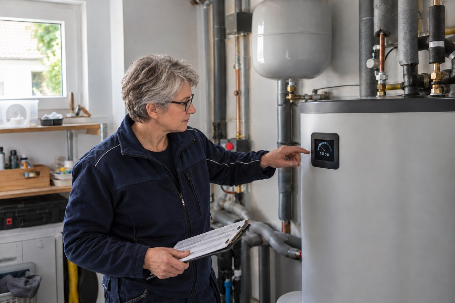 Erfahrene Servicetechnikerin dokumentiert die Druckanzeige einer Heizungsanlage.